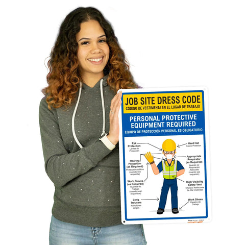12 By 18 Inch Must Have Bilingual Job Site Dress Code Sign With English And Spanish PPE Warning Durable 0.055 Inch Polyethylene Plastic.