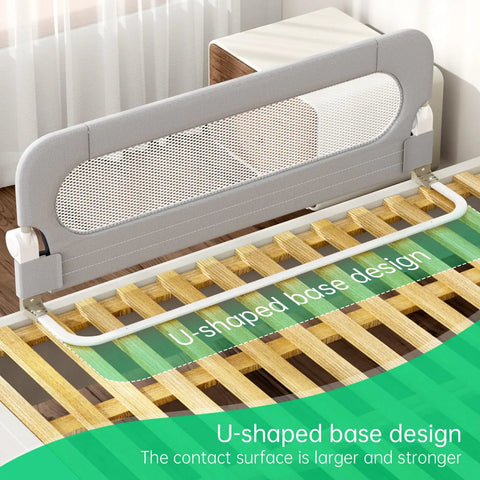 Foldable Toddler Bed Rail Guard With Bulletproof Anchor Strap And Zero Slide Base Design Heavy Duty Grey showing U-shaped base design.