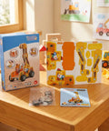 Gravity Crane Science Kit For Kids with box, parts, and manual on wooden table in sunny room