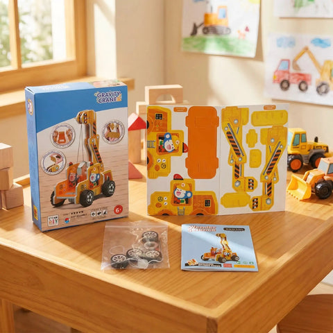 Gravity Crane Science Kit For Kids with box, parts, and manual on wooden table in sunny room
