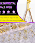 75 Piece Picture Hanger Kit With Nails, 5 Sizes Beefy Heavy Duty Metal Hangers For Drywall, 10Lb 20Lb 30Lb 50Lb 100Lb, Golden Finish, Picture Hanging Hardware For Frames And Wall Decor. Golden metal wall hook with nails and assorted hangers in storage tray.