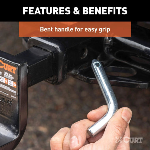 Half Inch Trailer Hitch Pin And Clip For One And A Quarter Inch Receivers, Easy Grip 105 Degree Bend shown with receiver