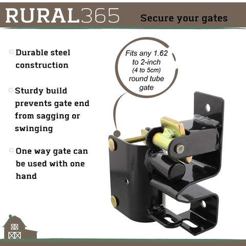 One Way Livestock Gate Latch Black Metal Farm Gate Lock For Cattle And Horses Built Tough Weatherproof Gate Latch with text