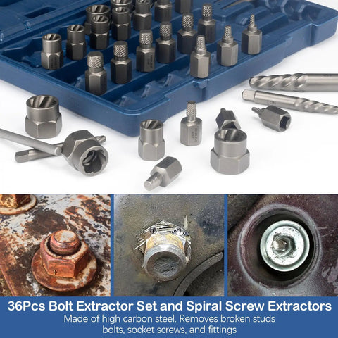 36 Piece Screw And Bolt Extractor Kit With Center Punch, Multi-Spline And Spiral Extractors in storage case
