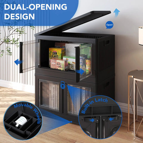 Heavy Duty 228 Quint Stackable Storage Bins With Lids, Black Collapsible Crates For Garage And Closet, No Sweat Tool Free Setup, Big Time Organization For Home Projects