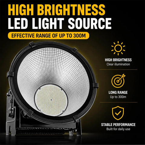Heavy Hitter Led Flood Light 200W To 1500W Top Shelf Lumens Outdoor Area Spotlight features a round lens for high brightness and long-range.