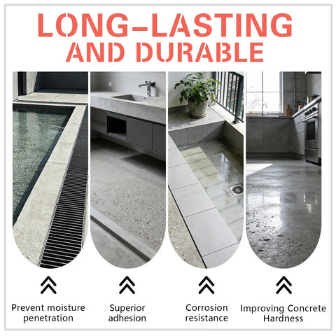 Rock Solid Waterproofing Powder For Concrete And Mortar Sealer That Slams The Door On Water Infiltration Across Roofs And Basements Featuring Anti Crack Protection And Pro Grade No Sweat Application At 16 Oz Bag applied in a modern kitchen and bath setting.