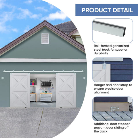Exterior Sliding Barn Door Hardware Kit for Double Doors, 14ft Heavy Duty Track System, installed on a garage with white doors.