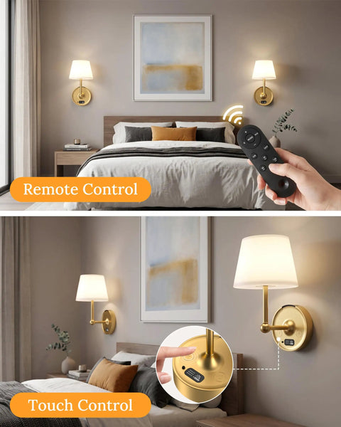 Battery Operated Wall Sconces Set of 2, Wireless Wall Lights with Rechargeable Battery, Smart Display & Remote, Dimmable Cordless Wall Lamps with 12 RGB Colors for Bedroom, Living Room, Hallway Decor in cozy bedroom setting.