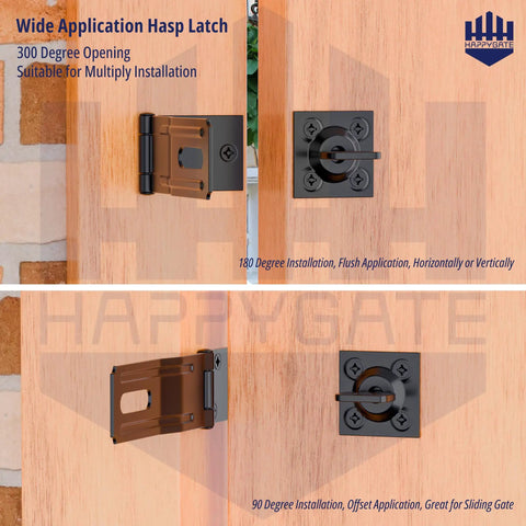 Heavy Duty Swivel Staple Safety Hasp Latch Lock With Twist Knob In Matte Black Stainless Steel With Rust Proof Coating For Outdoor Indoor Padlock Security Built Tough To Lock Your Gear Down Tight on doors, showing multiple installation angles.