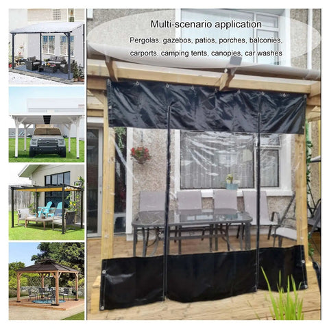 Tough As Nails Gazebo Side Panels Straight Up Waterproof Clear PVC Tarp Curtains in use for patio enclosure.