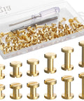 Hella Tough Solid Brass Chicago Screws And Leather Rivet Studs Kit Featuring Slick Plated Finish And 8mm Heads, brass screws and tools in container.