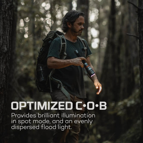 Man hiking with 12,000 Lumen Handheld Flashlight With 5 Lighting Modes USB-C Rechargeable Waterproof Tactical Floodlight