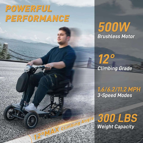 Person riding 4-Wheel Foldable Electric Mobility Scooter For Adults And Seniors, 500W Motor, black, all-terrain use