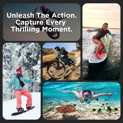 Collage of outdoor sports captured with Dope 4K Action Camera With Dual Screen And Stabilization Two 12MP Photos 30m Waterproof