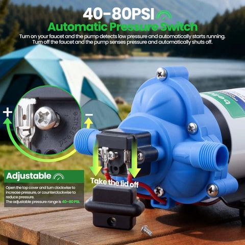 12V Water Pump With 3.5 GPM Flow Pure Copper Diaphragm Motor Self Priming Design close-up with adjustable PSI switch