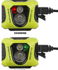 Enduro Pro USB Rechargeable Headlamp With 200 Lumen Output And 2080 Candela in charging and charged modes, yellow casing.