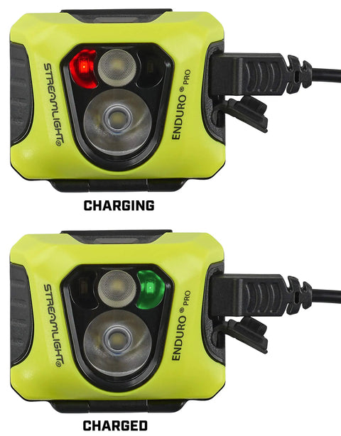 Enduro Pro USB Rechargeable Headlamp With 200 Lumen Output And 2080 Candela in charging and charged modes, yellow casing.