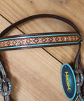Western Horse Headstall And Breast Collar Tack Set Crafted From Genuine Argentina Cowhide Leather With Geometric Tooling white rhinestones.