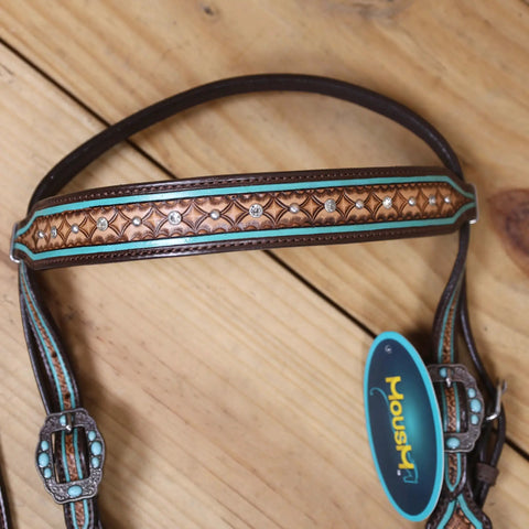 Western Horse Headstall And Breast Collar Tack Set Crafted From Genuine Argentina Cowhide Leather With Geometric Tooling white rhinestones.