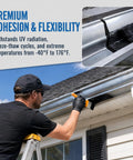 Person applying Big Time Roof Saver Black Waterproof Rubber Sealant For Flat And Metal Roofs With Flexible Crack Bridge.