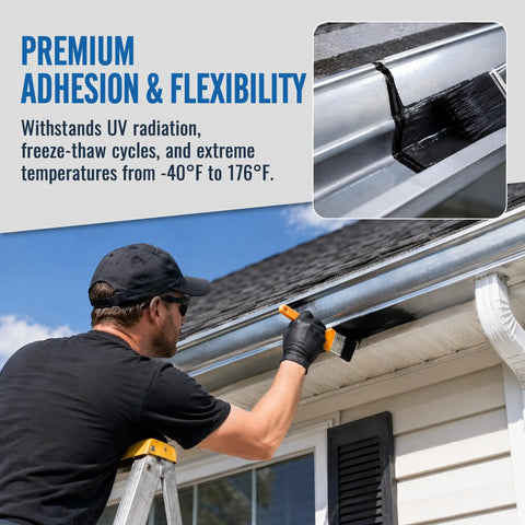 Person applying Big Time Roof Saver Black Waterproof Rubber Sealant For Flat And Metal Roofs With Flexible Crack Bridge.