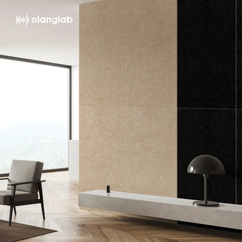 Acoustic Wall Panels 10 Pack For Home Studio And Office, Noise Blocking Sound Absorbing Plain Black Felt Panels, 47 By 23 Inches Each, Recycled PET Material, Covers About 77.35 Sq Ft in a modern living room setting.
