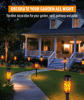 House with 12 Pack Solar Outdoor Lights Extra Bright Solar Torch Lights With Dancing Flickering Flames Lit For Garden Halloween Decor Waterproof Yard Pathway Patio For Outdoor Pathways lining the path