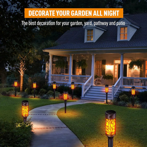 House with 12 Pack Solar Outdoor Lights Extra Bright Solar Torch Lights With Dancing Flickering Flames Lit For Garden Halloween Decor Waterproof Yard Pathway Patio For Outdoor Pathways lining the path