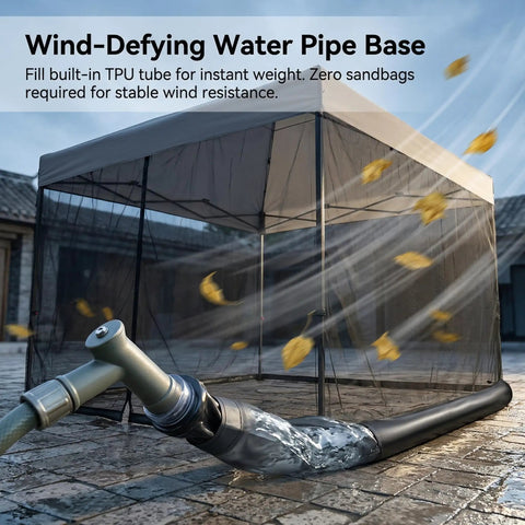 Mosquito Netting for Patio Umbrella 10x10 Ft Canopy Screen, showing TPU base setup for wind resistance, weather resistant mesh.