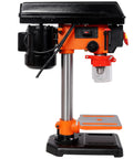 8 Inch Benchtop Drill Press Featuring Built In Laser Guide For Pinpoint Accuracy Plus Five Speed Settings Ranging From 770 To 3410 RPM side view showing sturdy metal base and adjustable table.