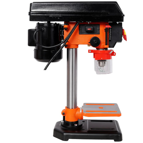 8 Inch Benchtop Drill Press Featuring Built In Laser Guide For Pinpoint Accuracy Plus Five Speed Settings Ranging From 770 To 3410 RPM side view showing sturdy metal base and adjustable table.