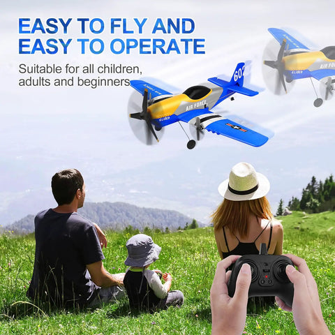 Family playing with Three Channel Two Point Four GHz RC Plane With Gyro Stabilization P51D Mustang Style Fighter Aircraft Easy To Fly