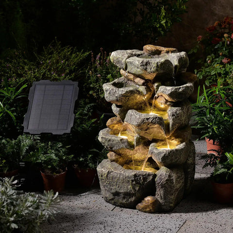 Solar Powered Outdoor Garden Fountain With Five Tier Cascading Stone Bowls And LED Lighting 24 Inch High Waterfall Feature