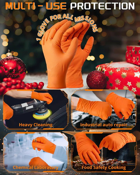 Orange 9 mil heavy-duty nitrile gloves with raised diamond texture grip; for cleaning, auto repair, lab work, cooking.