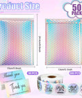 50 Pack Holographic Bubble Mailers Self Seal Waterproof Poly Padded Envelopes 5.9 x 9.6 Inches Exterior 5 x 8 Inches Interior Eye Catching Metallic Shipping Bags in image with size labels and thank you stickers.