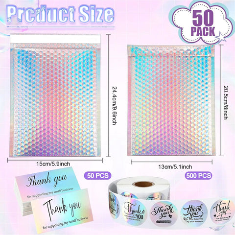 50 Pack Holographic Bubble Mailers Self Seal Waterproof Poly Padded Envelopes 5.9 x 9.6 Inches Exterior 5 x 8 Inches Interior Eye Catching Metallic Shipping Bags in image with size labels and thank you stickers.