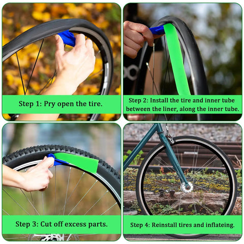 Two Pack Green Bike Tire Liners Inner Tube Flat Protectors installation steps for 12 to 29 inch tires.