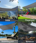 Rectangle Sun Shade Sail 10 By 13 Feet Permeable Canopy For Patio Garden Backyard And Deck UV Blocking Sunshade Keeps Outdoor Space Chill, Cool, And Breezy In Gray over various outdoor areas.