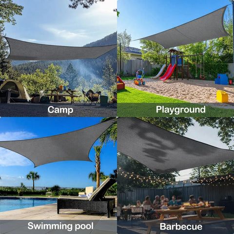 Rectangle Sun Shade Sail 10 By 13 Feet Permeable Canopy For Patio Garden Backyard And Deck UV Blocking Sunshade Keeps Outdoor Space Chill, Cool, And Breezy In Gray over various outdoor areas.