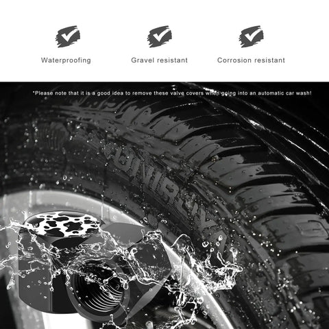 Image of Dope Cow Print Tire Valve Stem Caps 4 Pack Aluminum Wheel Valve Covers For Cars Trucks SUVs Airtight Dust Proof Corrosion Resistant with water splashing for waterproof effect.