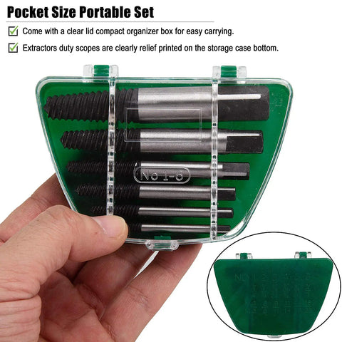 Hand holding 6 Piece Stripped Screw Extractor And Damaged Bolt Remover Set in portable case