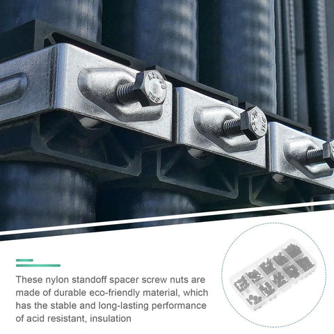 Close-up of metal fasteners in use with 180 Pcs Nylon Screw Nut Kit With Hex Nylon Spacers And Standoffs, Industrial Fastener Assortment For PCB Mounting And Machine Assembly, Durable, Easy Install, Versatile Hardware Set.