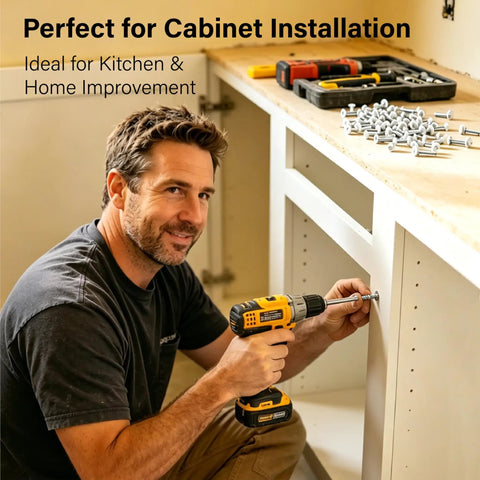 Man using Self Tapping Wood Screws Set 120 Pieces No 8 White Flat Head Assortment for cabinet installation.