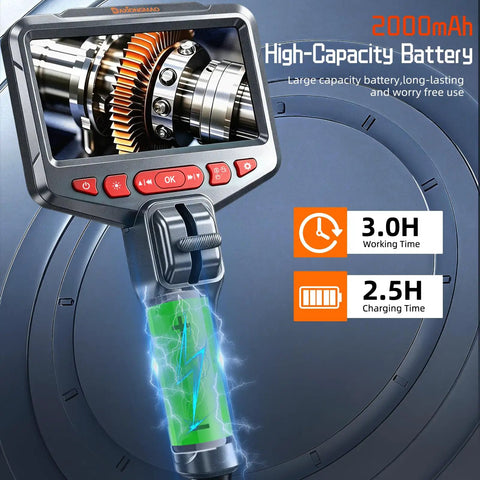 Two Way Articulating Borescope With 1080P HD Endoscope Camera And 8 LED Lights showing battery life and screen display