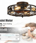 Rustic Black Caged Flush Mount Ceiling Fan With Lights And Remote shown in a bedroom, vintage design, quiet motor, 6 speeds.