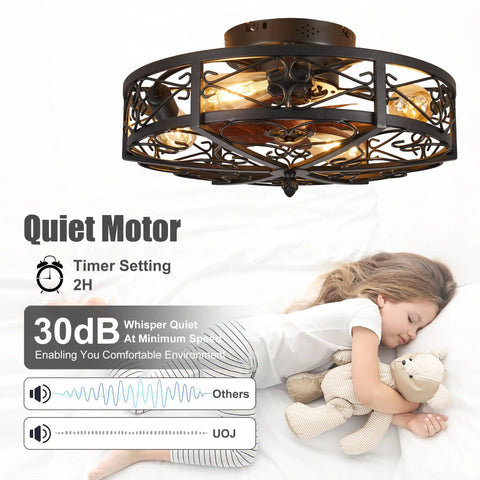 Rustic Black Caged Flush Mount Ceiling Fan With Lights And Remote shown in a bedroom, vintage design, quiet motor, 6 speeds.