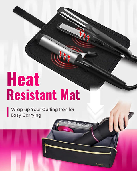 Shark FlexStyle Hair Tools Travel Bag With Wide Open Design And Heat Resistant Mat showing curling iron and compartment