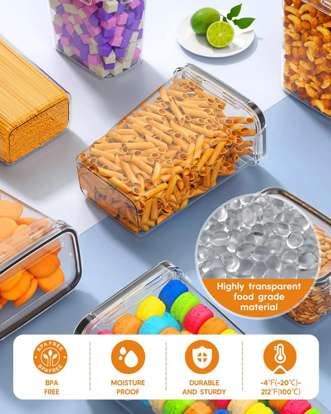Airtight Food Storage Containers With Lids 24 Pack holding pasta and candies, BPA free, food-grade plastic, on a kitchen counter