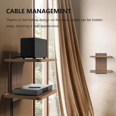 Wall Mounted Two Tier Floating Media Shelf In Rich Walnut Brown For Projectors And DVD Players With No Sweat Cable Routing And Heavy Duty Build To Secure All Your Rec Room Entertainment Gear showcasing cable management with a speaker and player.